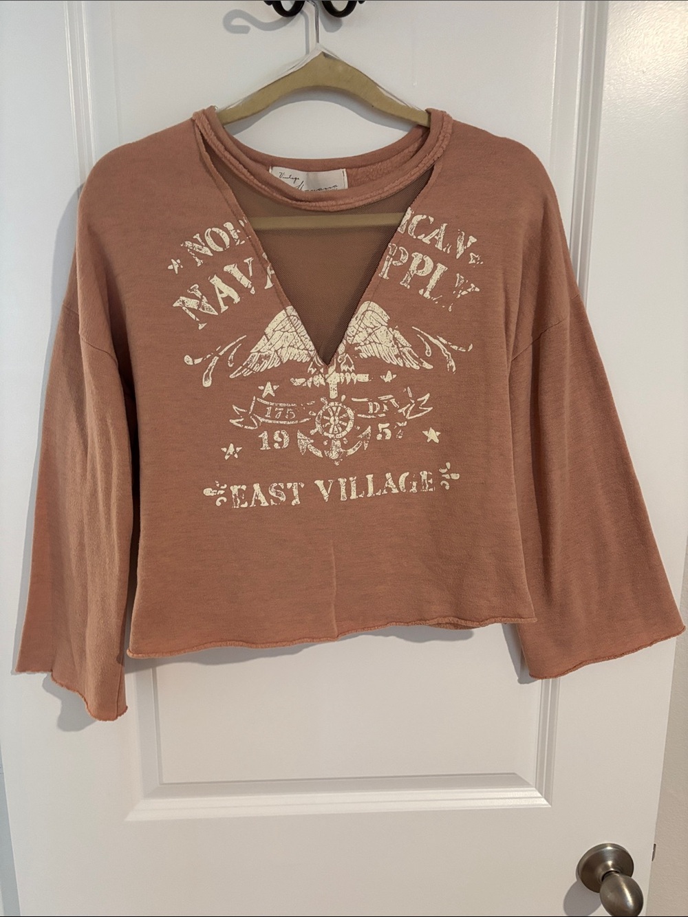 Vintage Havana Dusty Rose Graphic V‑Neck Cropped Sweatshirt